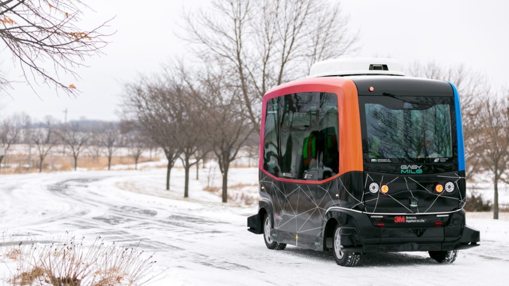 Autonomous bus on a snowy road