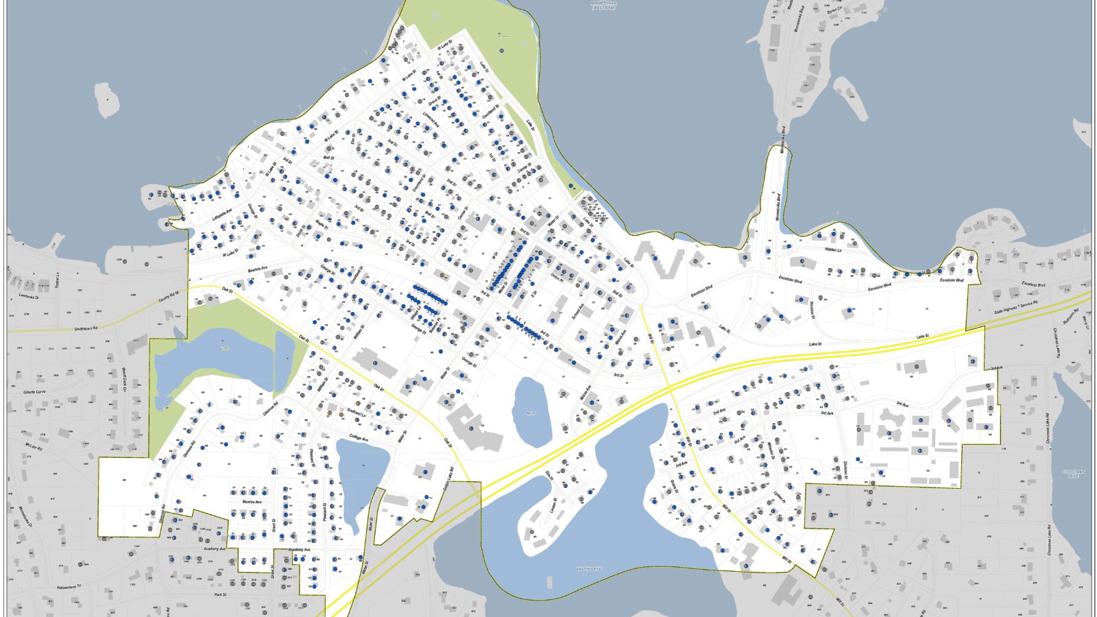 Map of Excelsior, MN showing lead service line utiltities.