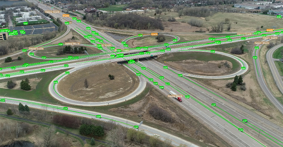 Freeway interchange with traffic date overlayed on top