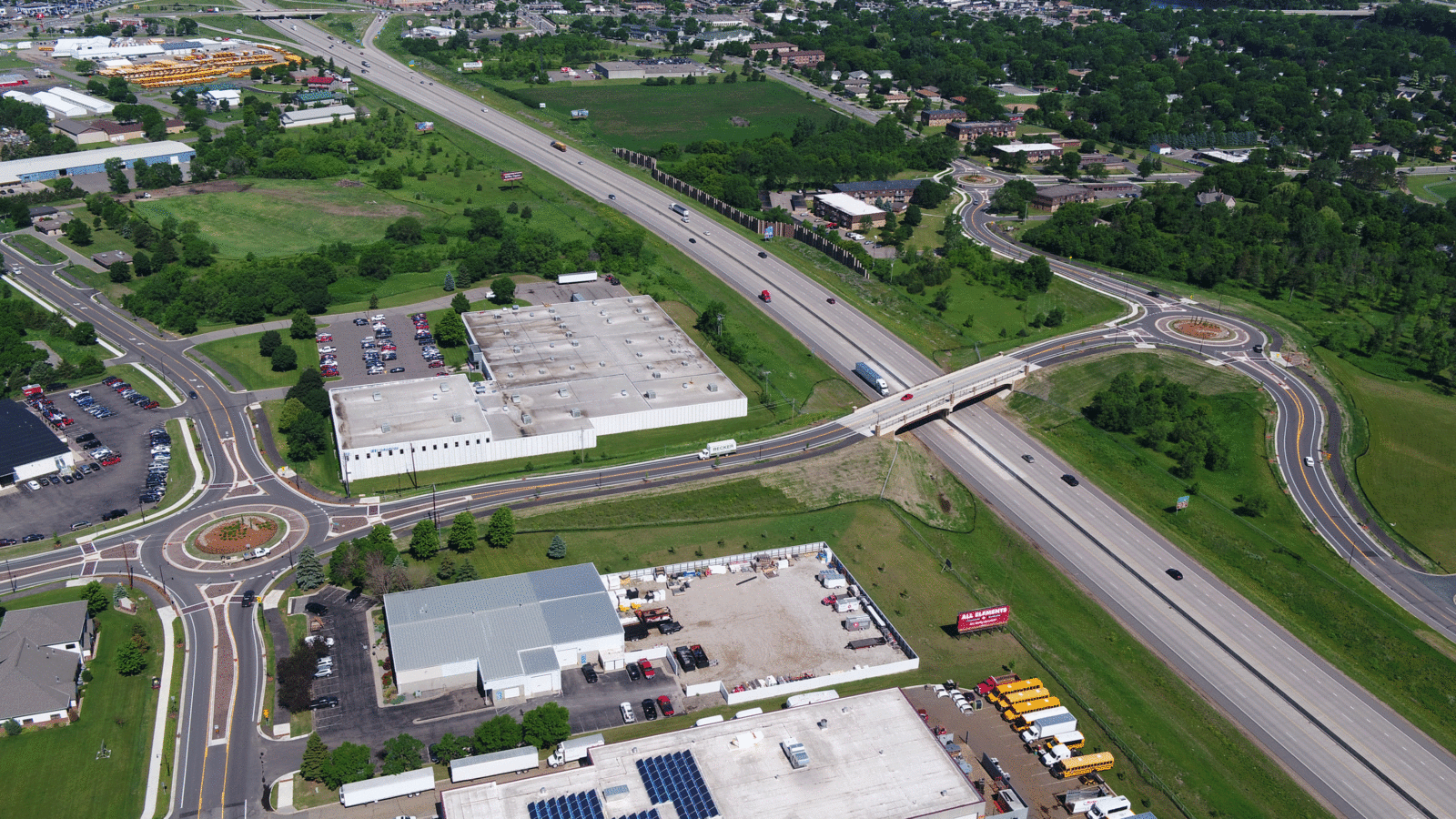 Aerial view of Fallon Ave roundabouts and overpass