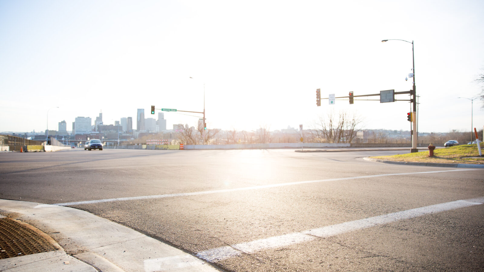 Street intersection with st. paul, mn in the background.