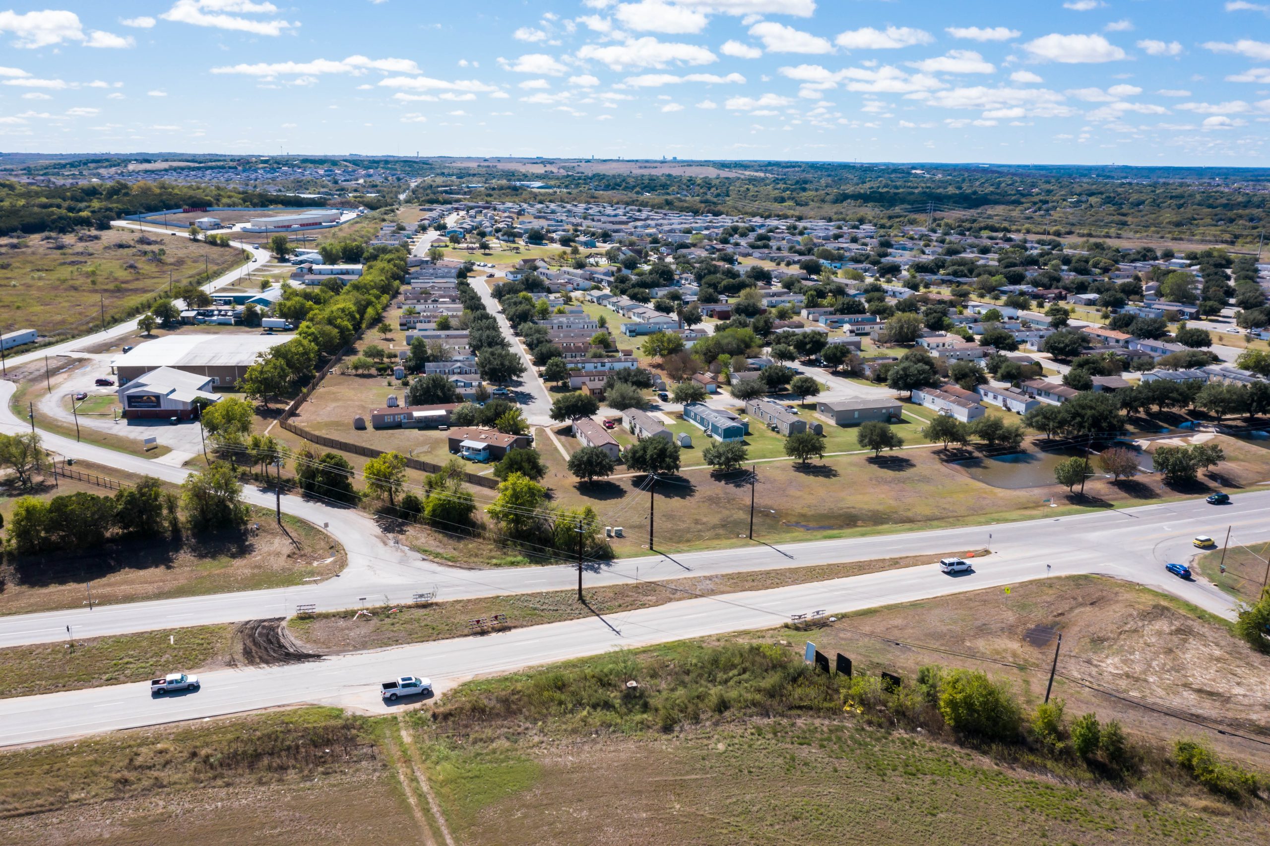aerial view of houses and road