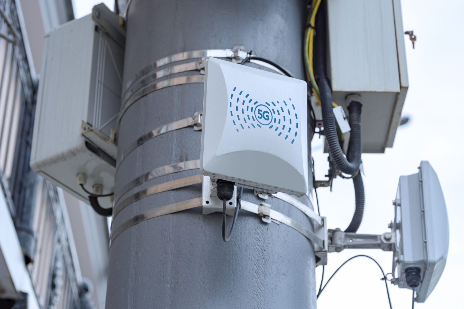 Close up of 5G equipment on a telephone pole.