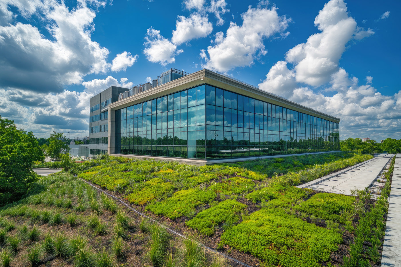 Office building with green roof and plantings
