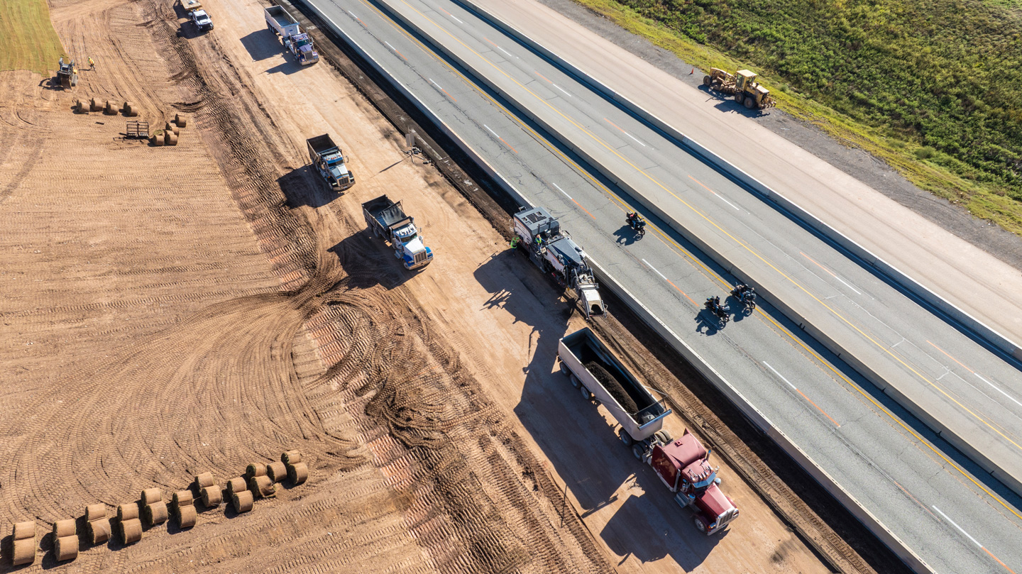 Drone image of construction on an Oklahoma turnpike.