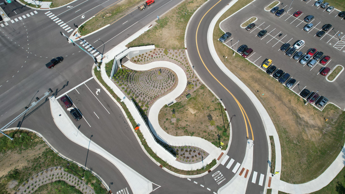 Aeriel view of highway 55 and douglas ave intersection in golden valley, MN.