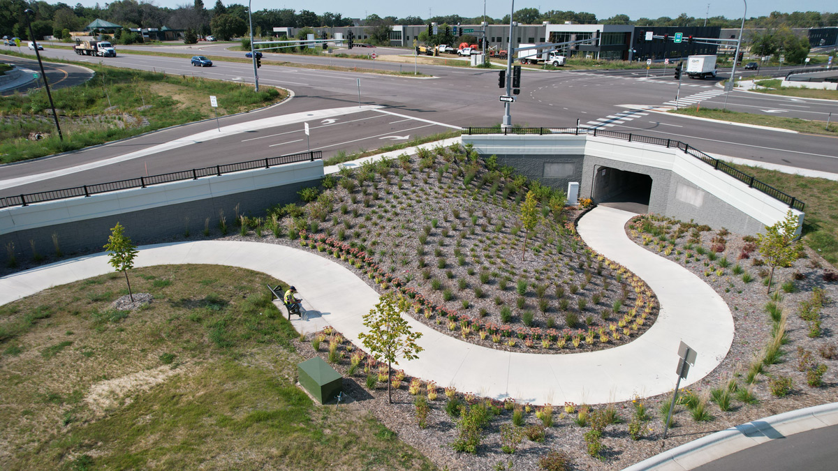 Aeriel view of highway 55 and douglas ave intersection in golden valley, MN.