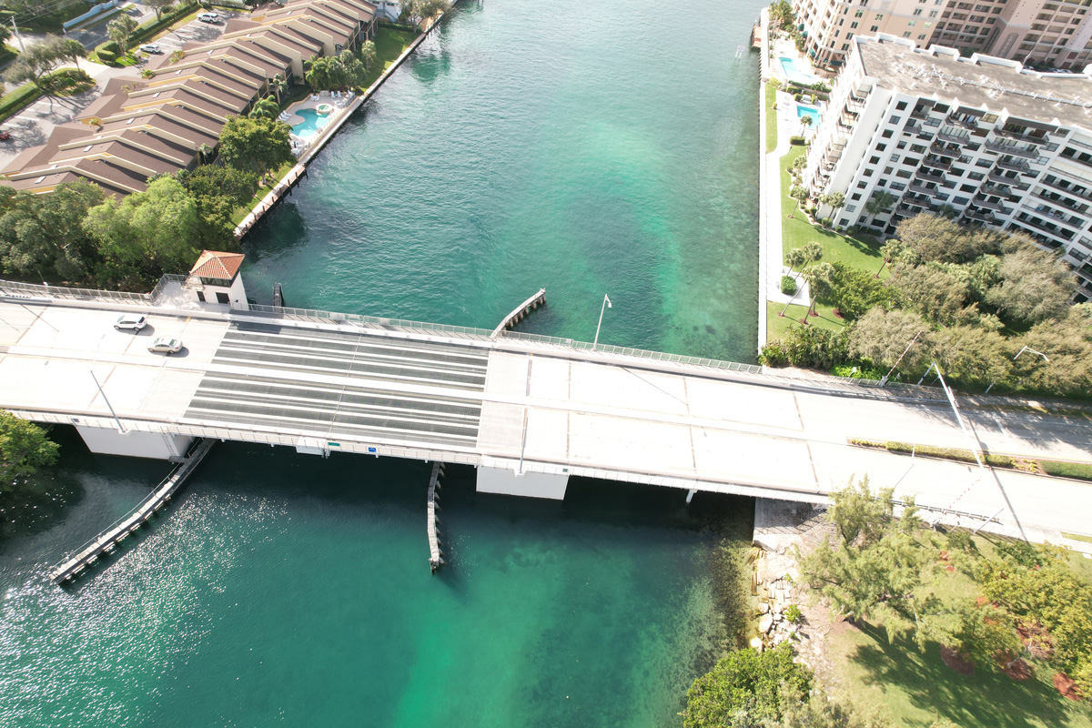 Aerial image of a bridge over a canal