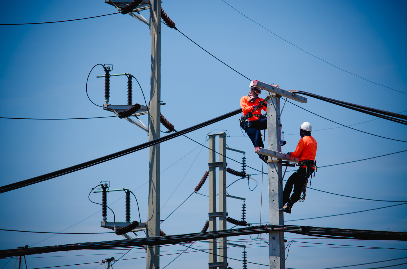 Two utility workers in safety gear performing maintenance on a concrete distribution pole, installing or adjusting conductors and hardware. Multiple energized overhead distribution lines and insulators are visible in the background, demonstrating field work on medium‑voltage overhead systems.