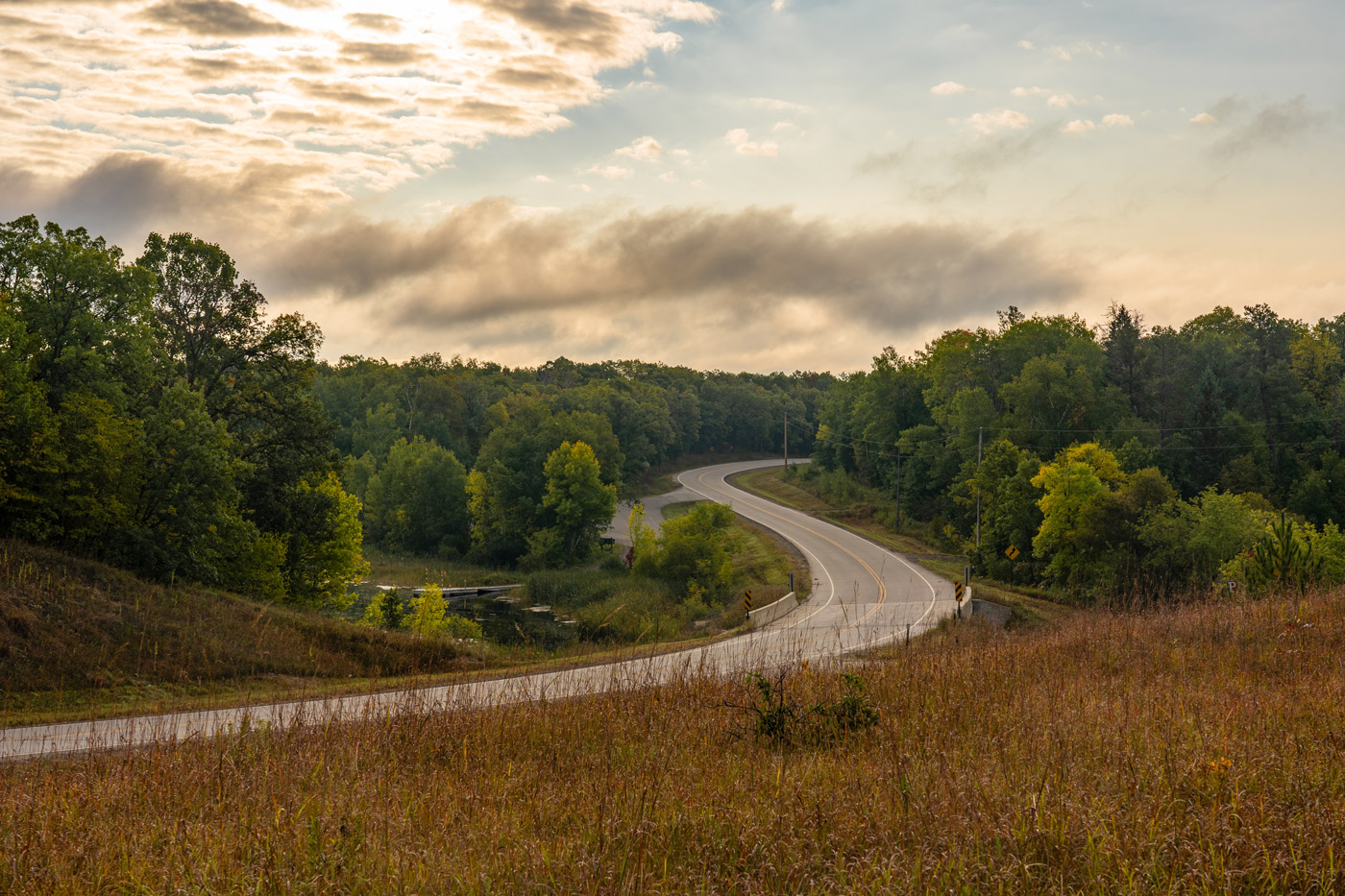 A winding road leads through a lush forest under a cloudy sky. Soft morning light creates a serene and peaceful atmosphere with an open landscape.