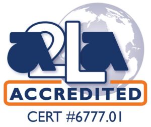A2LA Accredited logo featuring the stylized letters ‘A2LA’ in dark blue and white over a faint globe illustration. Below the logo is an orange-outlined bar containing the word ‘ACCCREDITED’ in blue, with the text ‘CERT #6777.01’ beneath it.
