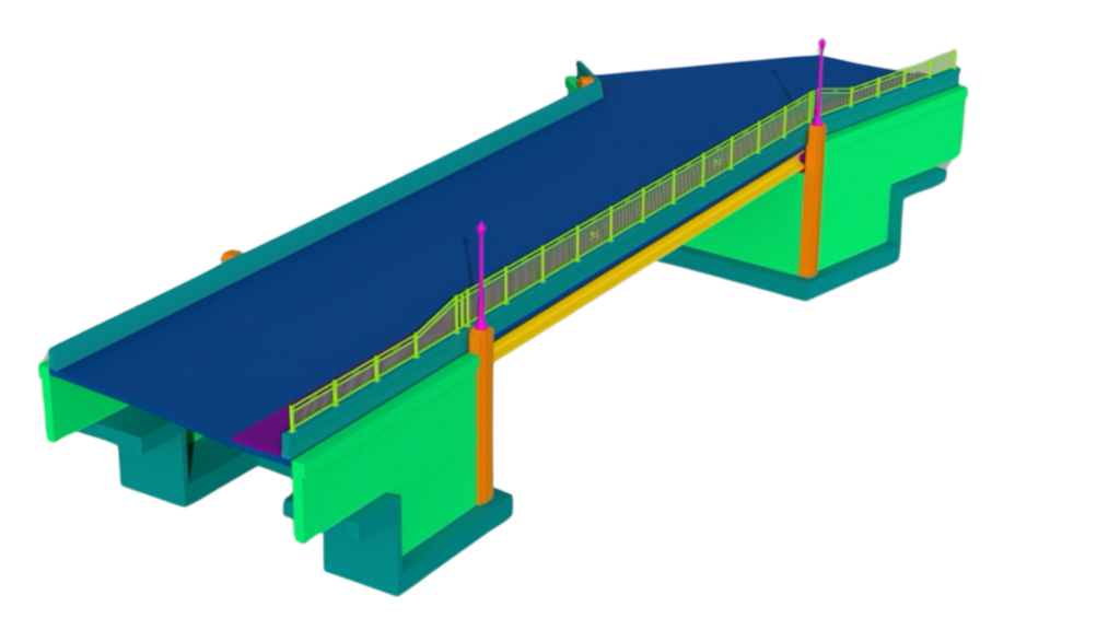 A 3D digital model of a short bridge segment shown in bright colors. The bridge has a blue deck, green abutments, yellow and orange vertical support elements, and light-yellow railings along the sides. The structure appears elevated, with visible substructure components beneath each end.