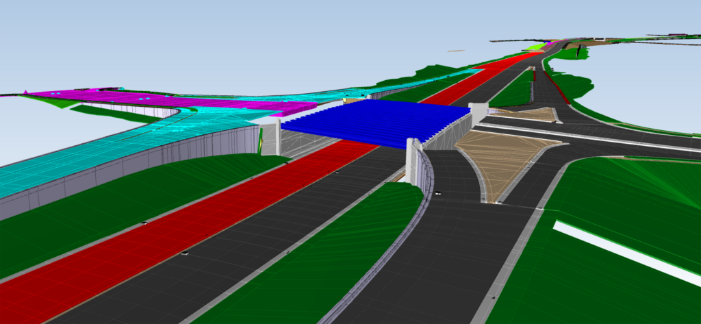4D model of a highway interchange showing multiple ramps and overpasses, with roadways and structures color‑coded in red, blue, green, teal and purple to distinguish alignments, bridges and surrounding terrain.
