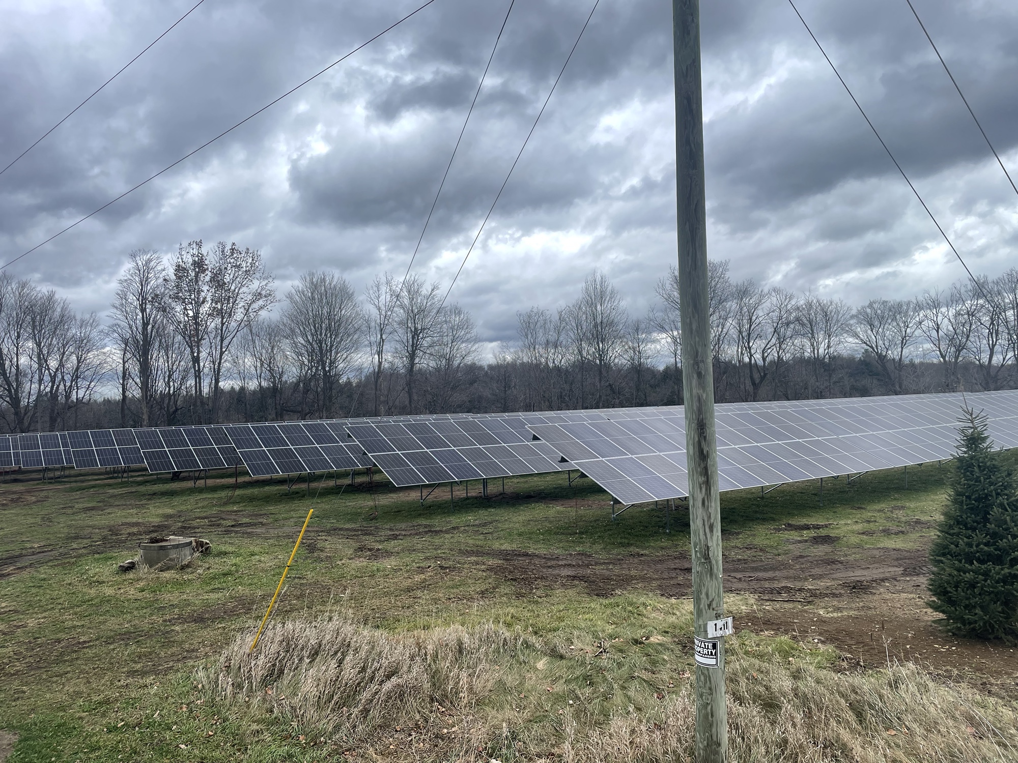Ground‑level view of agrivoltaic solar panels at the Constable Solar project in Constable, New York, installed above maintained agricultural land.