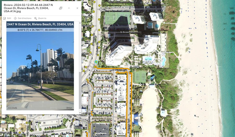 GIS map showing an aerial view of the Riviera Beach shoreline with streets and buildings labeled, alongside an inset street‑level photo of Ocean Drive in Riviera Beach, Florida, used to reference a specific mapped location.
