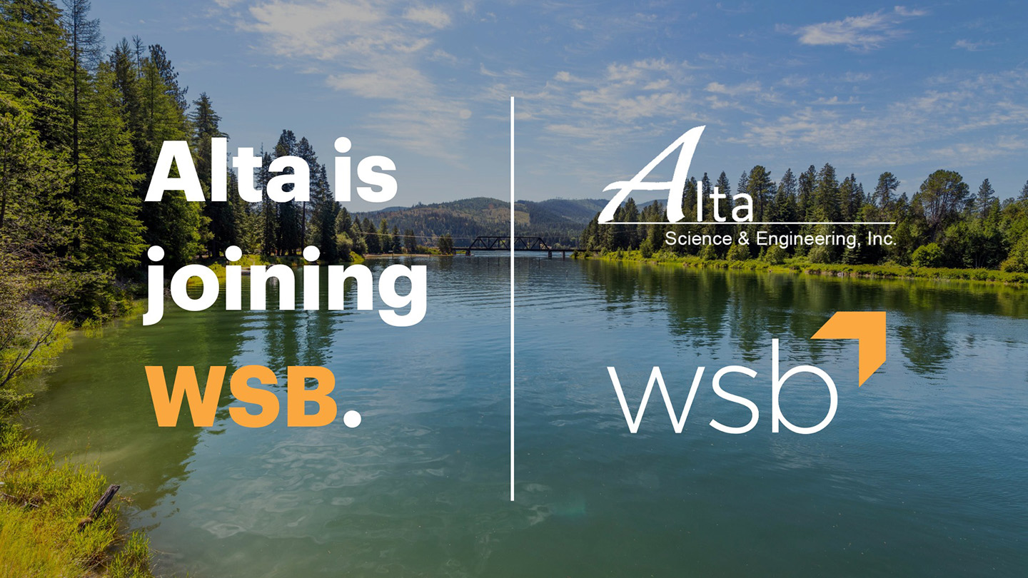 Graphic showing a scenic river bordered by trees and hills, with text reading ‘Alta is joining WSB’ alongside the Alta Science & Engineering logo and the WSB logo.