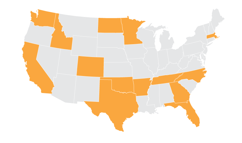 Map of the USA with states highlighted where WSB has offices located.