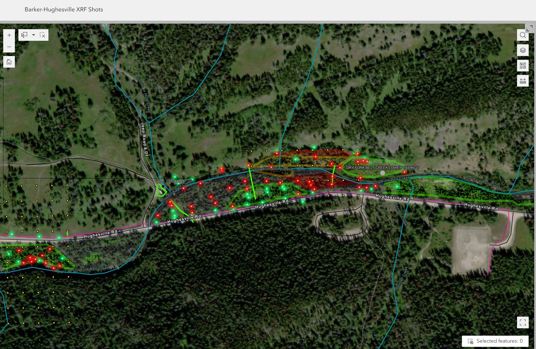 Aerial map of the Barker-Hughesville mining district showing sampling locations, streams, roads, and environmental investigation data points overlaid on a forested landscape.