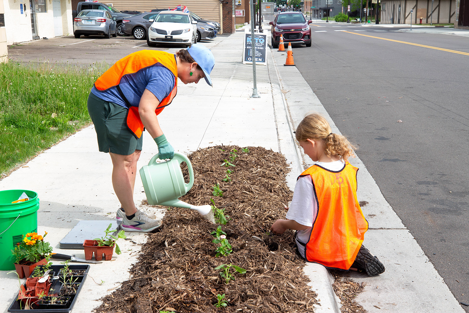 Two people wearing safety vests work together to plant flowers and vegetation in a landscaped curbside planting bed along a city street. Gardening supplies, including seedling trays, a bucket and a watering can, are placed nearby as plants are watered and installed.