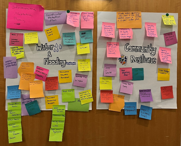 Colorful sticky notes organized on two workshop boards labeled “Water & Flooding” and “Community Resilience,” capturing community ideas, priorities, and sustainability planning strategies during a stakeholder engagement session.