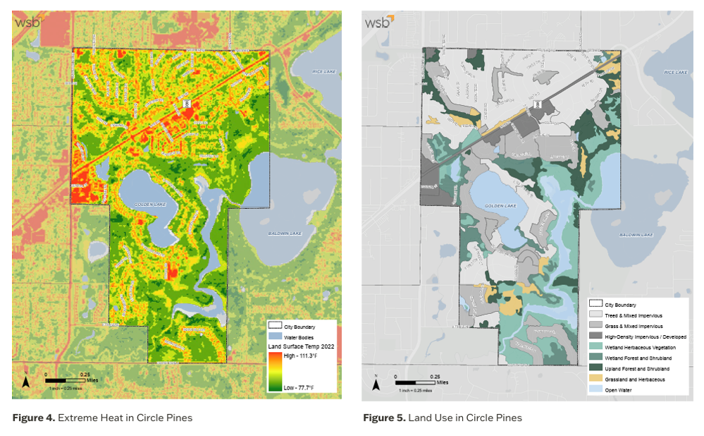 Side-by-side maps from the Circle Pines Environmental Stewardship Plan showing areas of extreme heat exposure and existing land use patterns, including developed areas, vegetation, wetlands, forests, and open water.