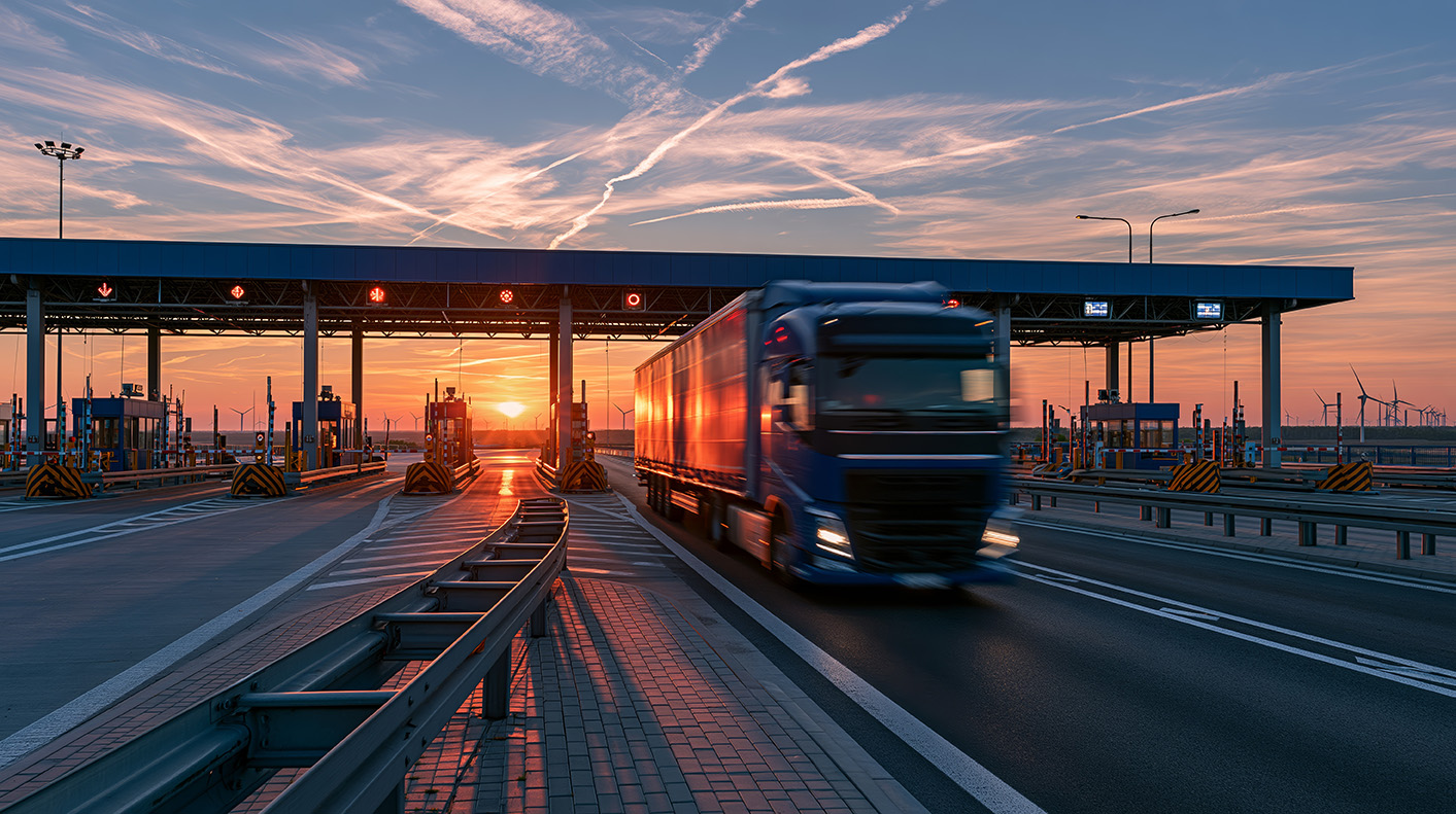 Commercial truck traveling through an all-electronic tolling plaza at sunrise, illustrating modern toll collection technology, freight mobility, and intelligent transportation infrastructure.
