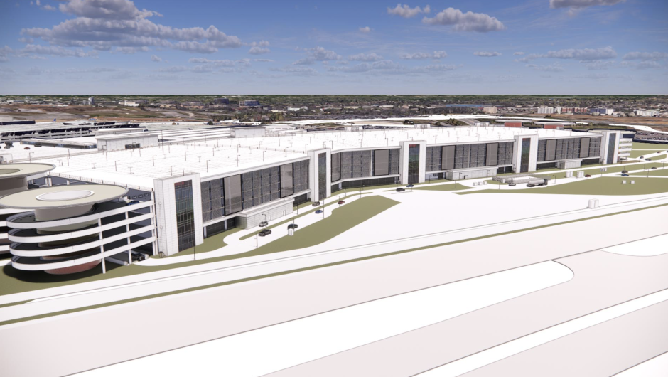Aerial daytime rendering of the new consolidated rental car facility at Nashville International Airport, showing the long multi-level garage east of the main terminal with surrounding roadways and airfield in the background.