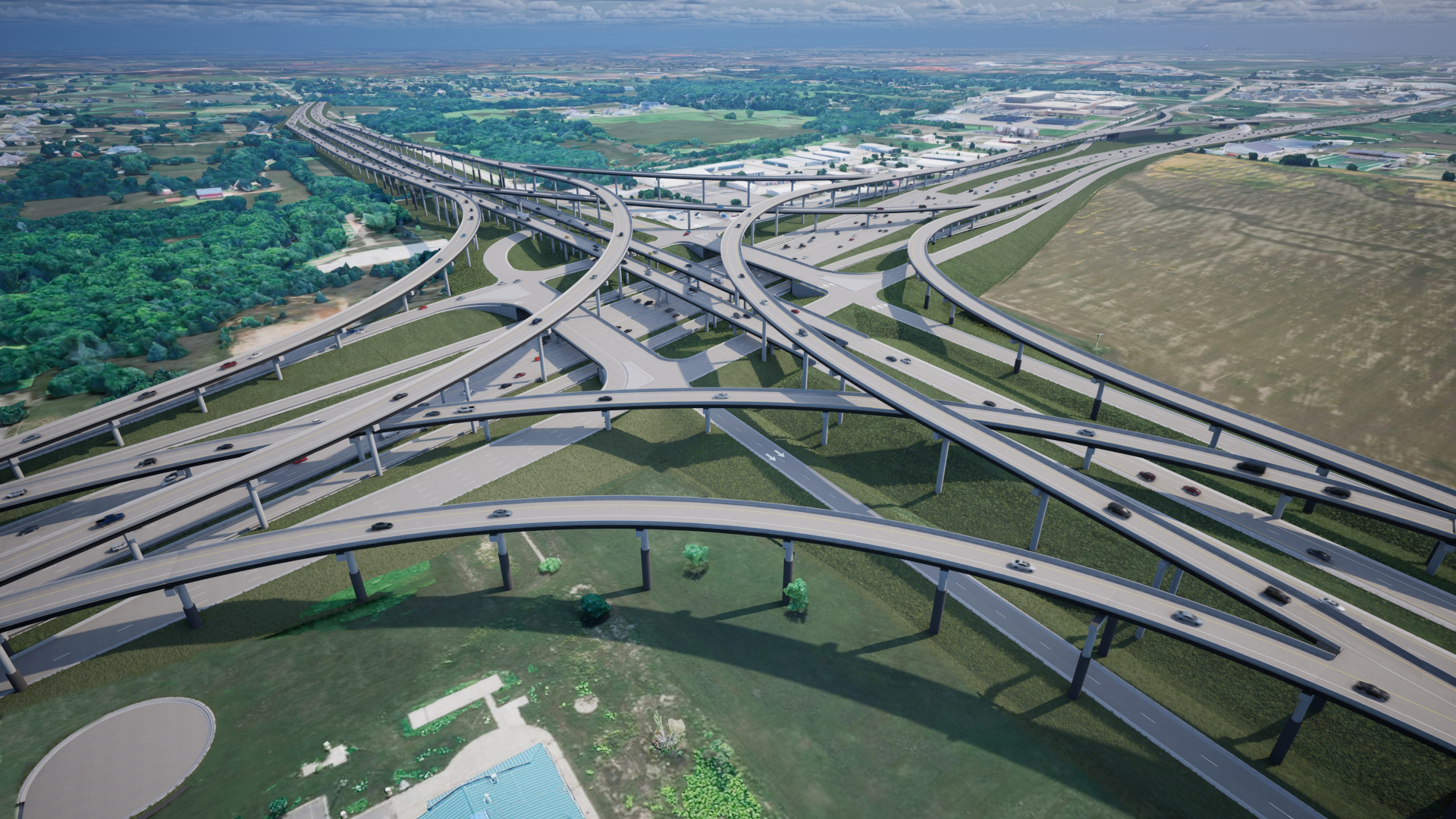 Aerial rendering of a multi-level highway interchange featuring managed lanes, connected transportation infrastructure, and high-capacity mobility corridors designed to improve traffic flow and regional connectivity.