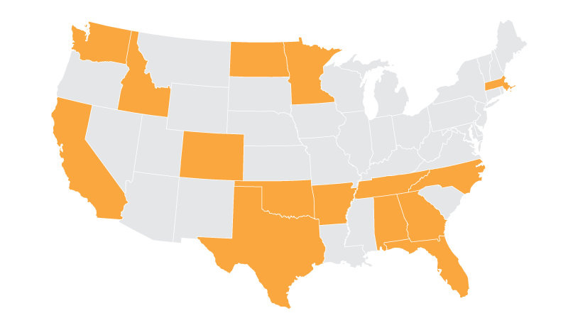 USA Map with States highlighted in tangerine where WSB has offices.